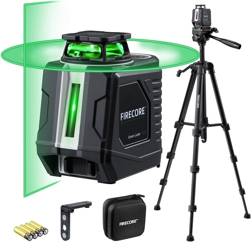 Firecore 360° Laser Level with Tripod, 100Ft Self Leveling Laser Level Green Cross Line Laser Leveler Tool for Picture Hanging Wall Tile Floor Construction, 60" Compact Tripod & Carry Pouch Included - Image 1